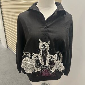 Vintage Black Cat Print Batwing Dolman Sleeves Shirt